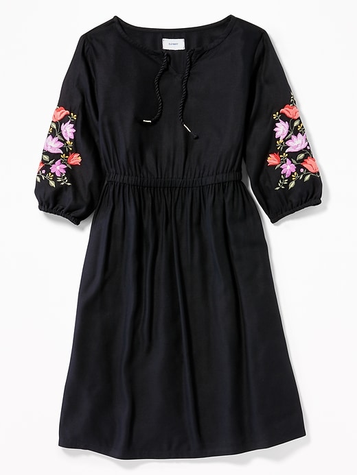 View large product image 1 of 1. Embroidered-Sleeve Waist-Defined Midi Dress for Girls
