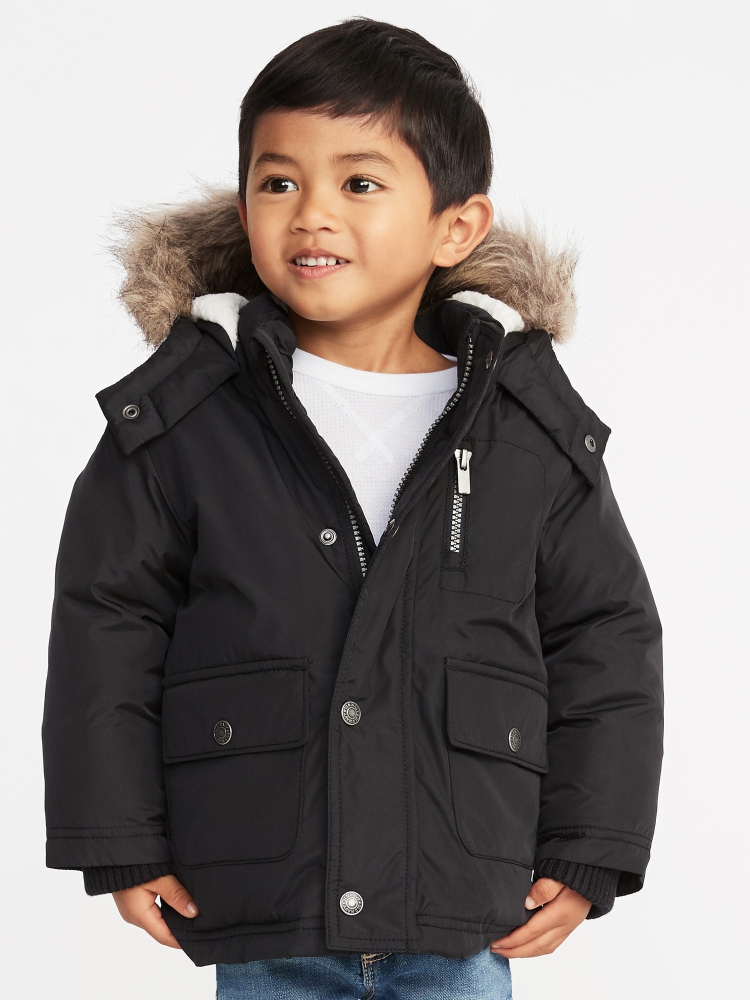 Boys black coat hot sale with fur hood