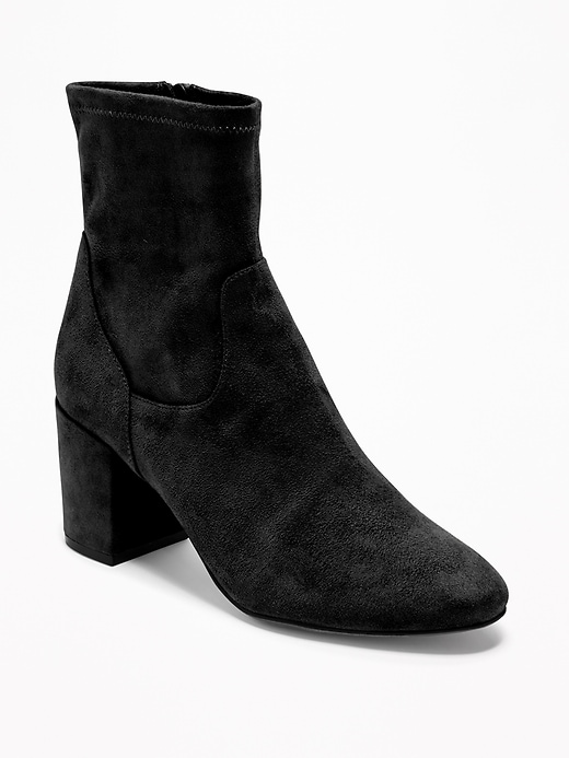 View large product image 1 of 1. Faux-Suede Slim-Calf Block-Heel Boots