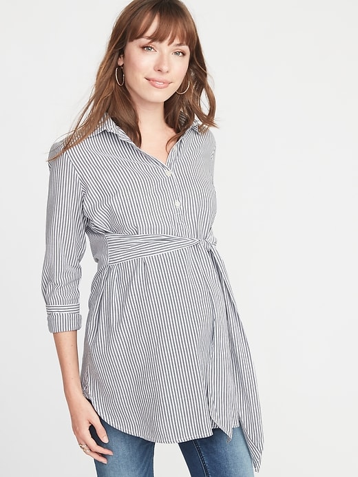 Image number 1 showing, Maternity Striped Tie-Belt Tunic