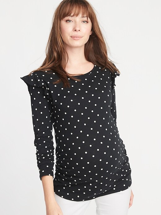 View large product image 1 of 1. Maternity Patterned Ruffle-Shoulder Top