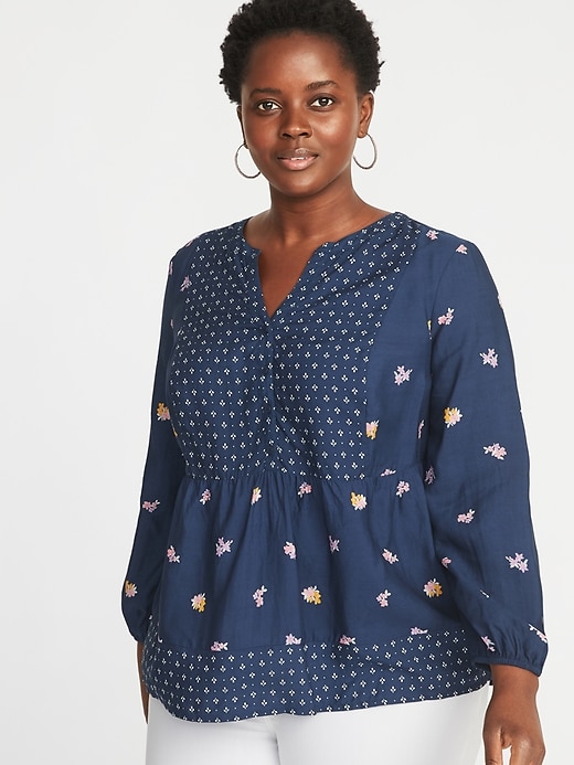 Image number 1 showing, Mixed-Print Plus-Size Poet-Sleeve Blouse