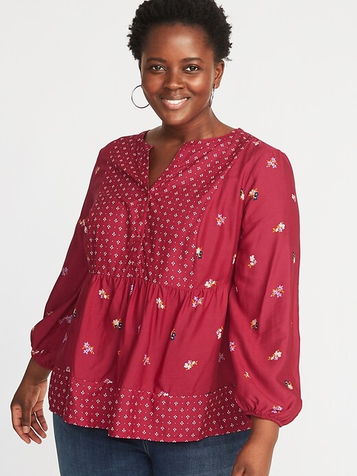 View large product image 1 of 1. Mixed-Print Plus-Size Poet-Sleeve Blouse