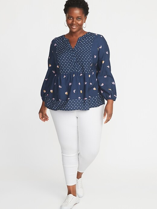 Image number 3 showing, Mixed-Print Plus-Size Poet-Sleeve Blouse