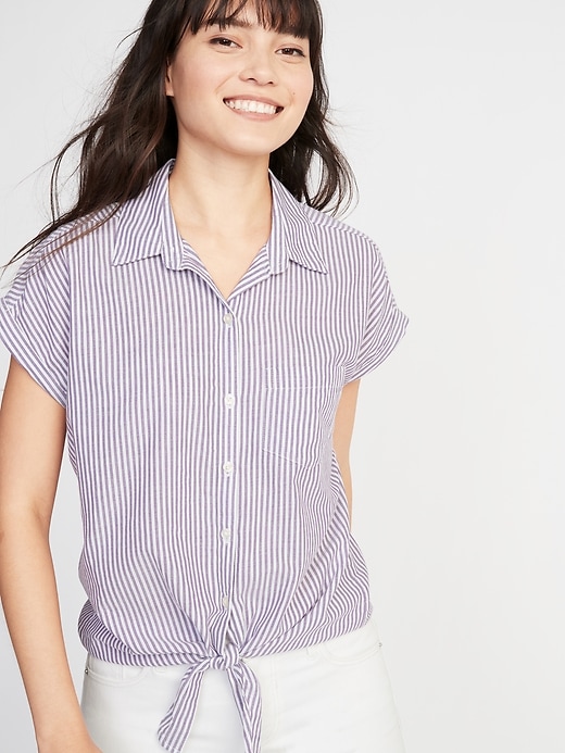 Image number 1 showing, Relaxed Tie-Hem Button-Front Striped Shirt for Women