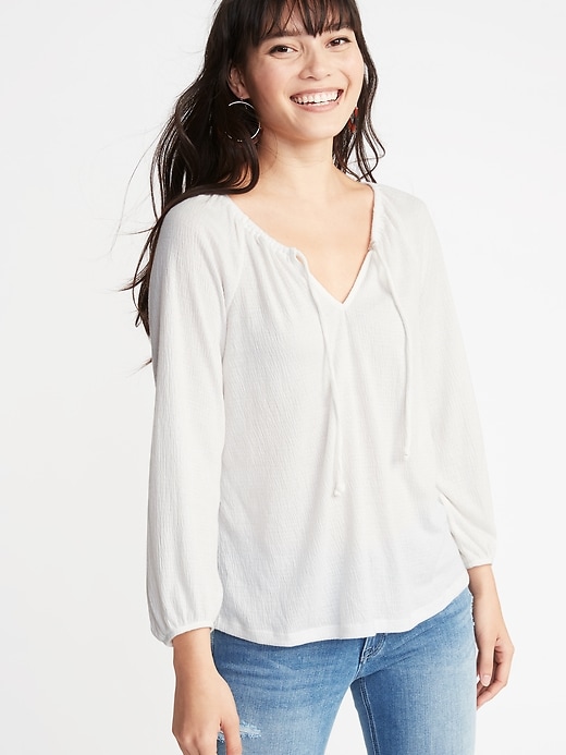 View large product image 1 of 1. Relaxed Tie-Neck Balloon-Sleeve Top for Women