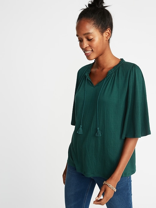 Image number 1 showing, Crinkle-Jersey Tie-Neck Bell-Sleeve Top for Women
