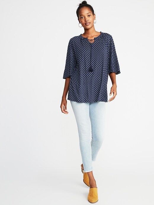 Image number 3 showing, Printed Split-Neck Bell-Sleeve Top for Women