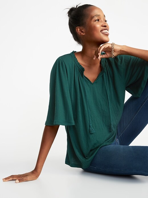 Image number 4 showing, Crinkle-Jersey Tie-Neck Bell-Sleeve Top for Women