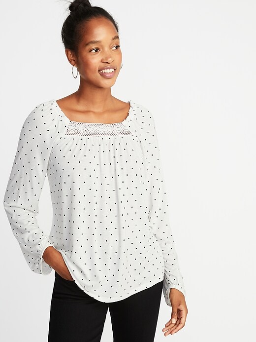 Image number 1 showing, Ruffled Lace-Yoke Square-Neck Blouse for Women