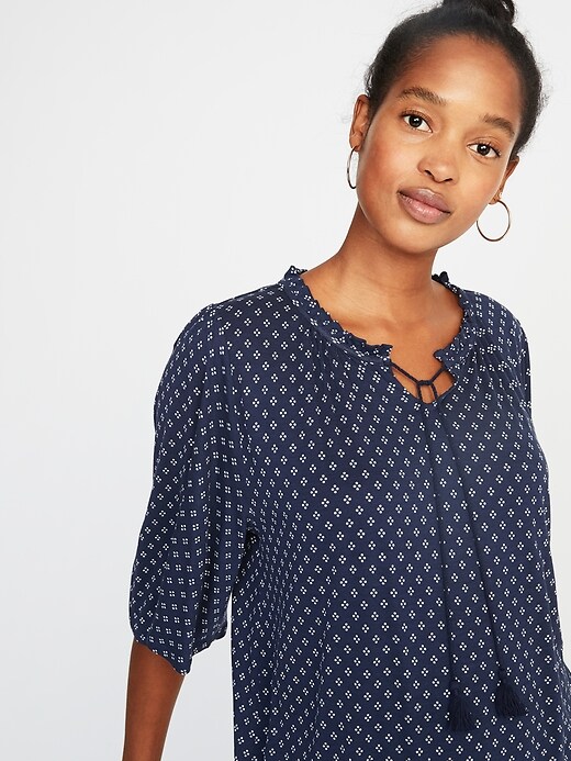 Image number 4 showing, Printed Split-Neck Bell-Sleeve Top for Women