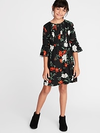 View large product image 3 of 3. Waist-Defined Floral Pintuck Dress for Girls