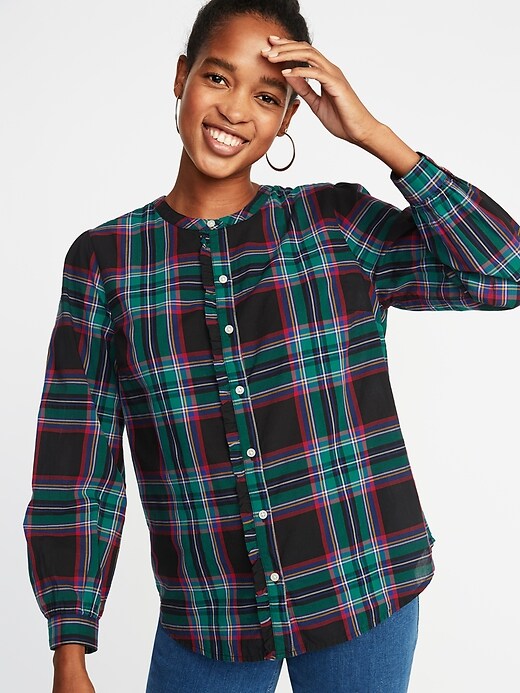 Image number 1 showing, Relaxed Plaid Ruffle-Trim Shirt for Women