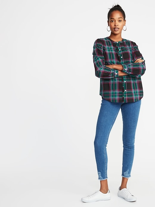Image number 3 showing, Relaxed Plaid Ruffle-Trim Shirt for Women