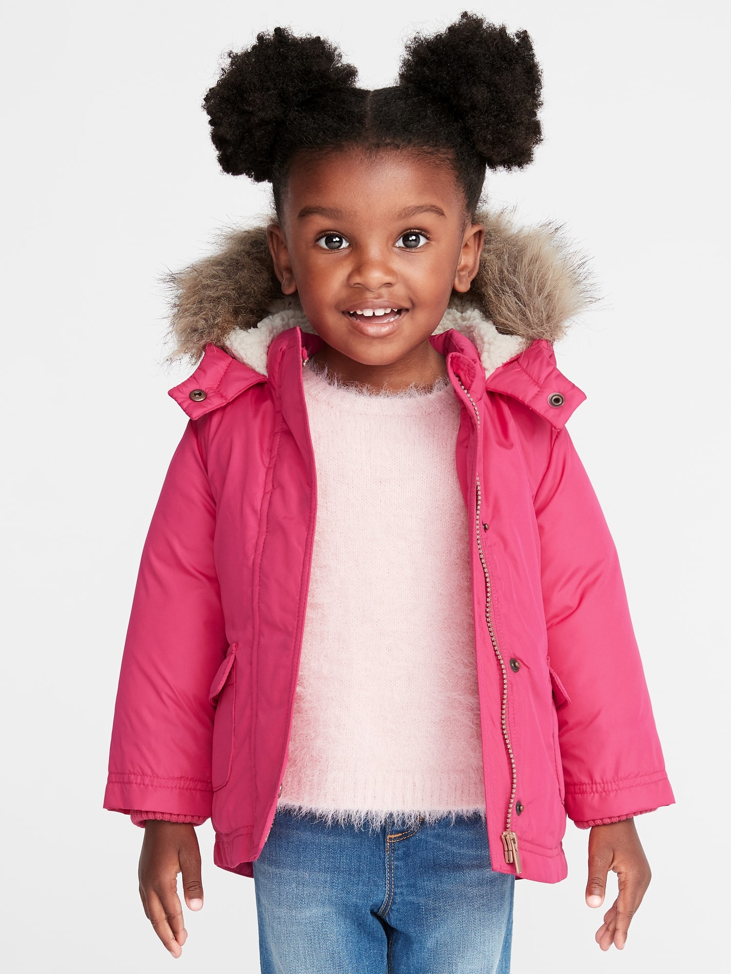 Hooded Parka with Faux Fur Lining for Girls - old rose, Girls