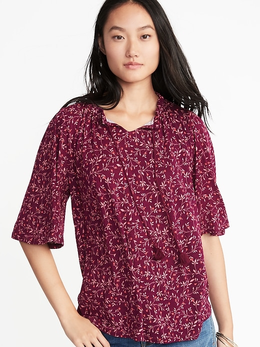 View large product image 1 of 1. Printed Split-Neck Bell-Sleeve Top for Women