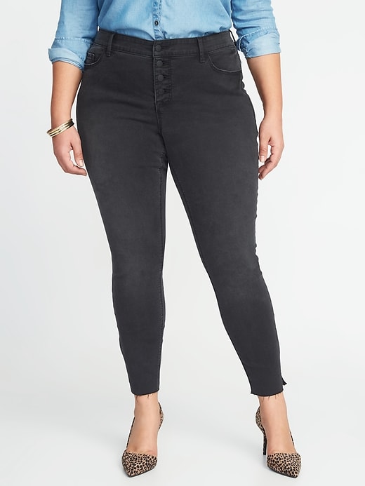 Image number 1 showing, High-Waisted Secret-Slim Pockets Plus-Size Raw-Edge Rockstar Super Skinny Jeans