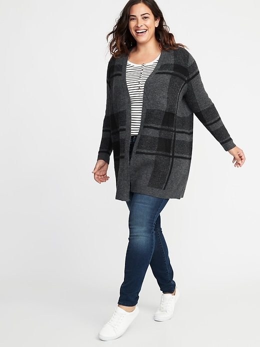 View large product image 1 of 1. Plaid Long-Line Open-Front Plus-Size Sweater