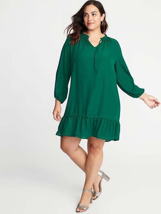 View large product image 1 of 1. Ruffle-Trim Plus-Size Georgette Swing Dress