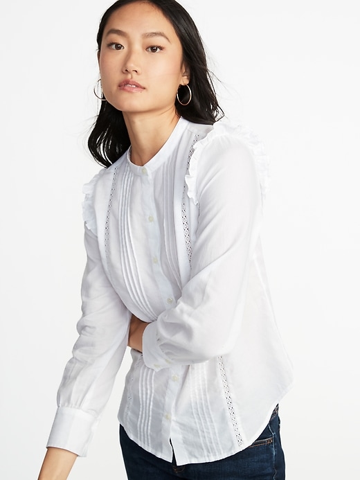 Image number 4 showing, Ruffled-Shoulder Lace-Trim Shirt for Women
