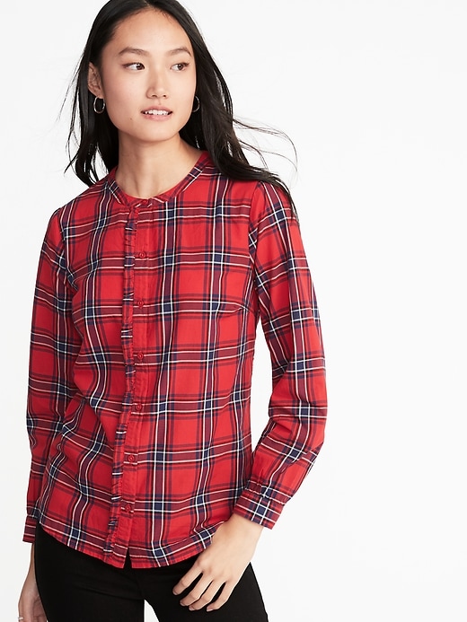 View large product image 1 of 1. Relaxed Plaid Ruffle-Trim Shirt for Women