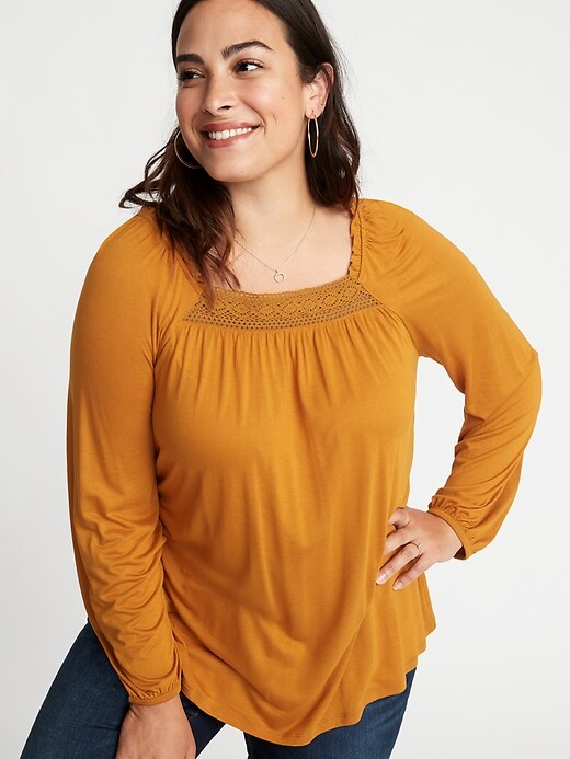 View large product image 1 of 1. Relaxed Plus-Size Crochet-Trim Top