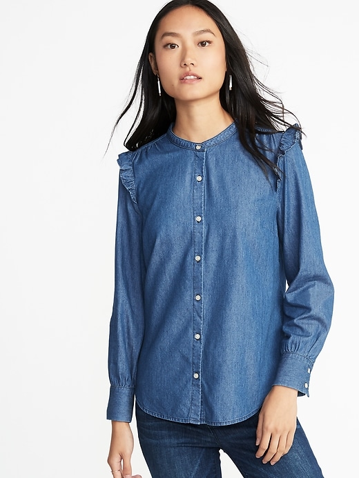 Image number 1 showing, Relaxed Ruffle-Trim Shirt for Women