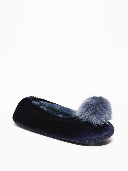 View large product image 1 of 1. Velvet Faux-Fur Pom-Pom Slippers for Women