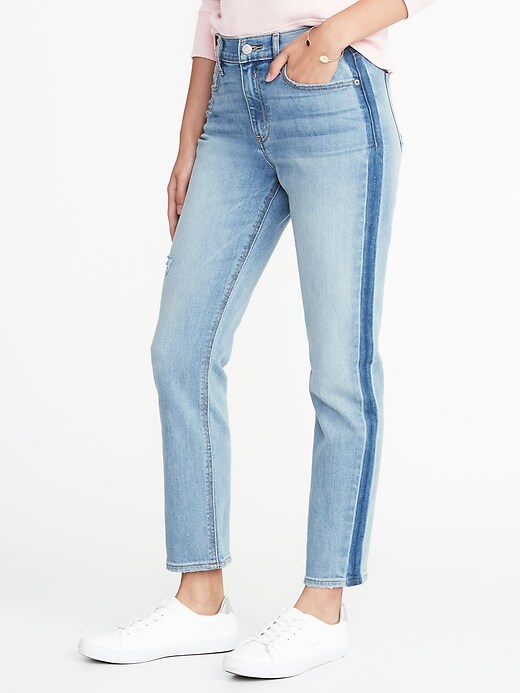View large product image 1 of 3. Mid-Rise Side-Stripe Straight Ankle Jeans for Women