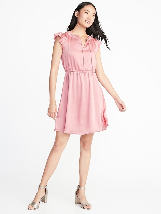 View large product image 1 of 2. Waist-Defined Crinkle-Chiffon Ruffle-Sleeve Dress for Women