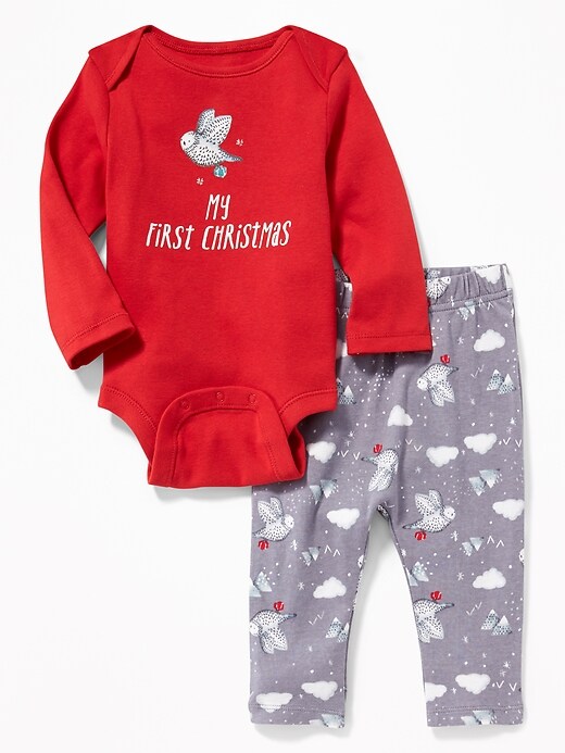 View large product image 1 of 1. 2-Piece Holiday-Graphic Bodysuit & Pants Set for Baby