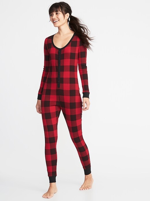 Image number 1 showing, Patterned Thermal-Knit One-Piece PJs for Women