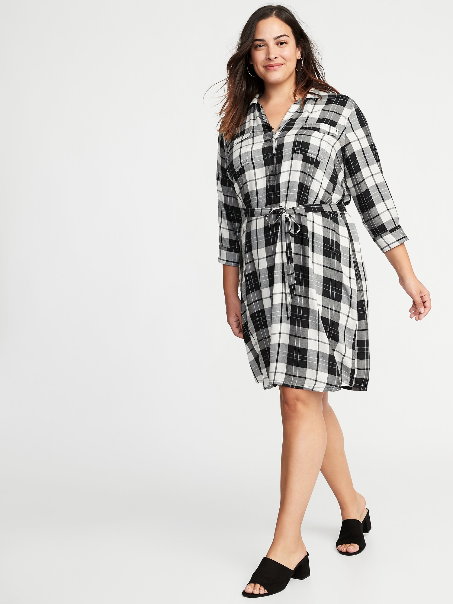 Plaid 3/4-Sleeve Tie-Belt Plus-Size Shirt Dress | Old Navy