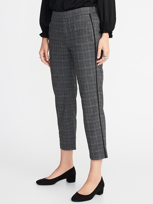 View large product image 1 of 3. Mid-Rise Plaid Side-Stripe Pull-On Trousers for Women