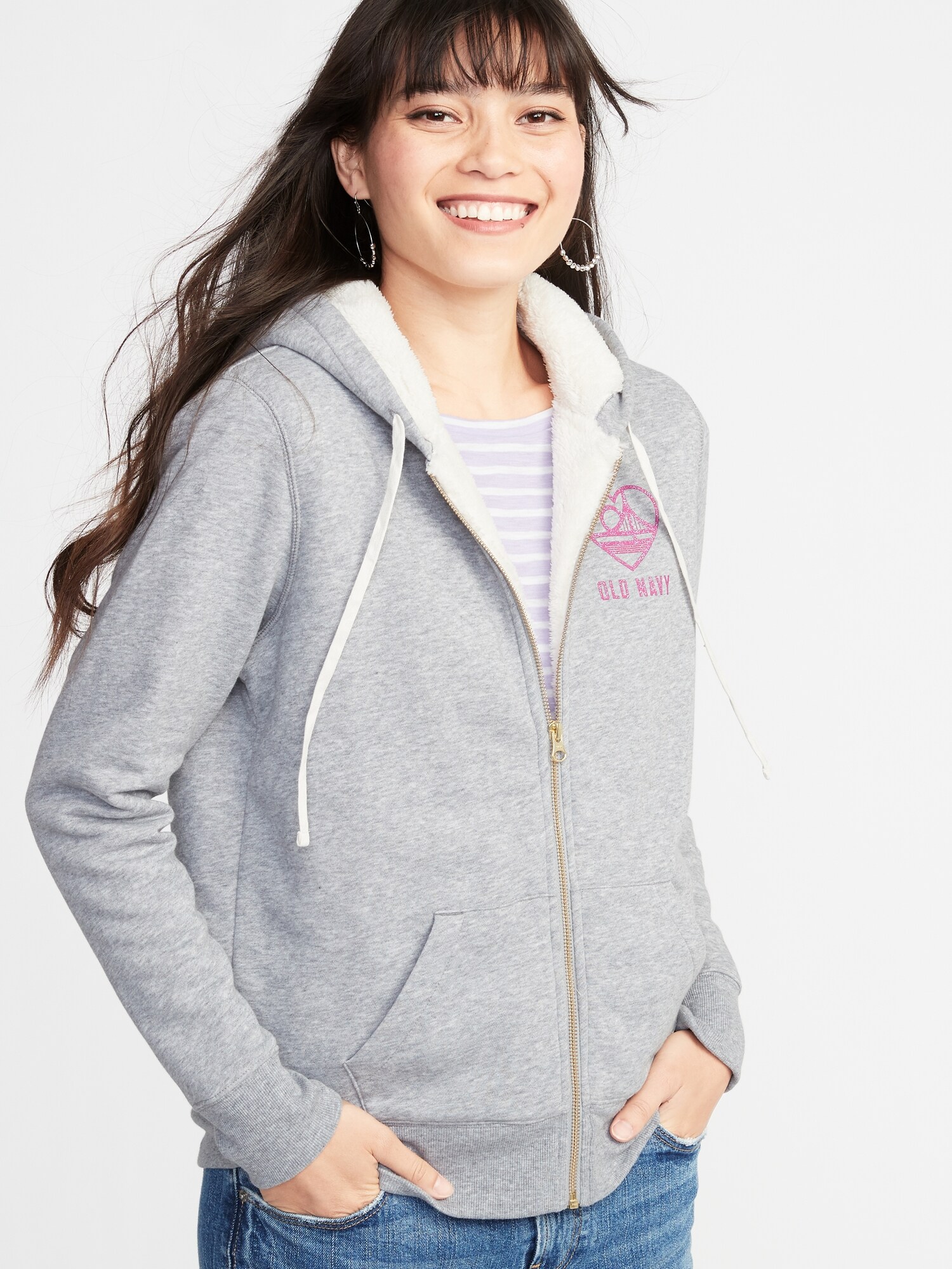 Relaxed Sherpa-Lined Zip Hoodie for Women | Old Navy