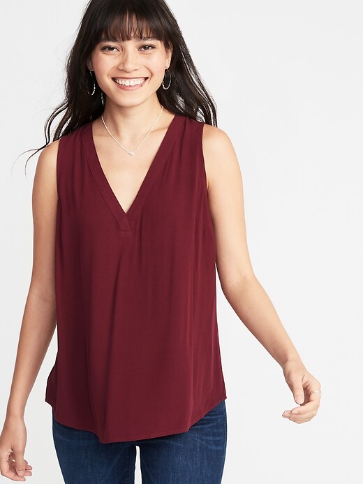 View large product image 1 of 1. Relaxed Crepe V-Neck Sleeveless Top For Women