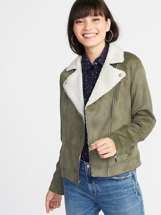 Image number 1 showing, Faux-Suede Sherpa-Collar Moto Jacket for Women