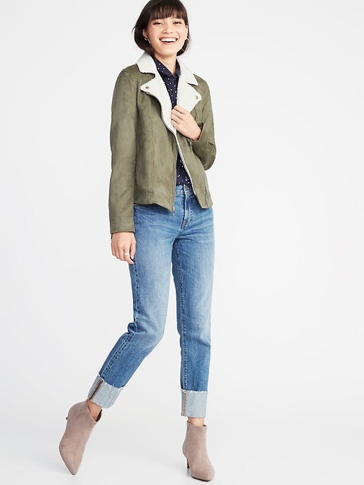 Image number 3 showing, Faux-Suede Sherpa-Collar Moto Jacket for Women