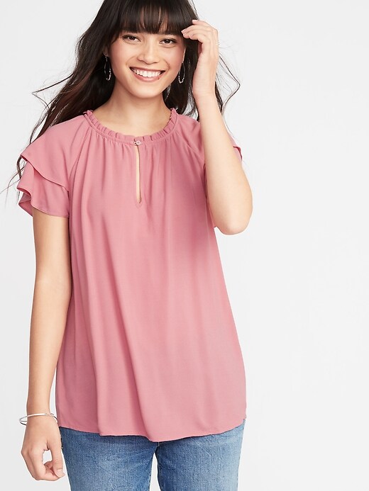 View large product image 1 of 1. High-Neck Ruffle-Trim Crepe Top for Women