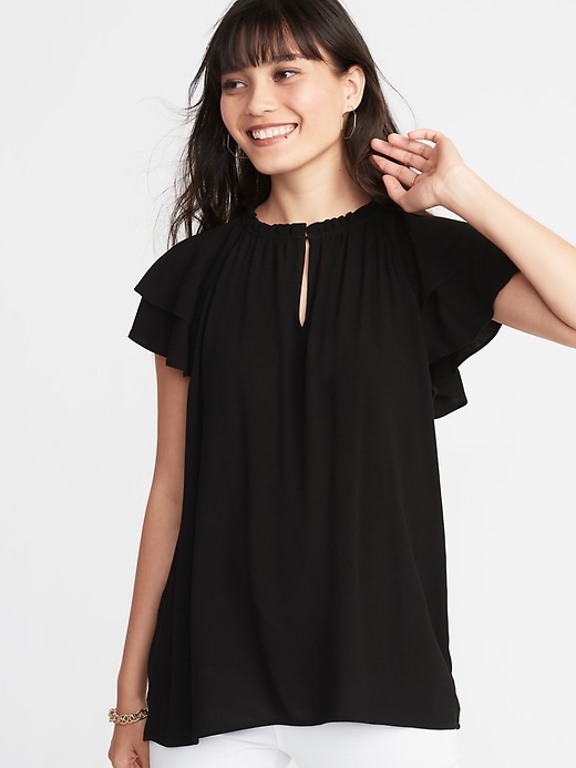 Image number 1 showing, High-Neck Ruffle-Trim Crepe Top for Women