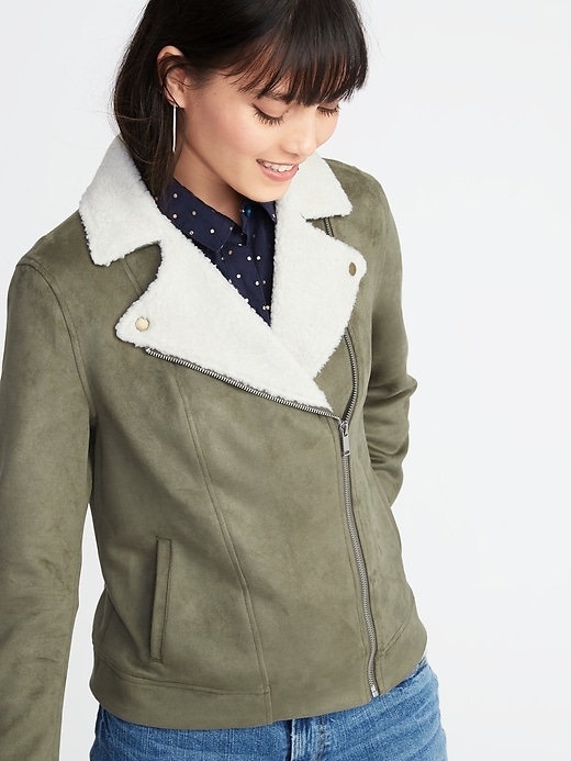Image number 4 showing, Faux-Suede Sherpa-Collar Moto Jacket for Women