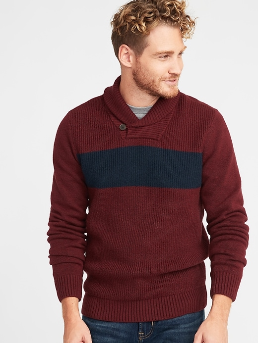 View large product image 1 of 1. Shawl-Collar Chest-Stripe Sweater
