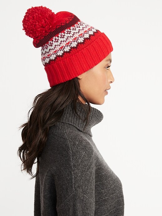 View large product image 1 of 2. Printed Sweater-Knit Pom-Pom Beanie for Women