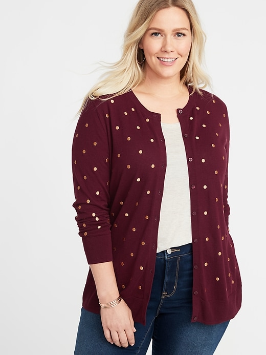 View large product image 1 of 1. Embroidered Polka-Dot Plus-Size Cardi