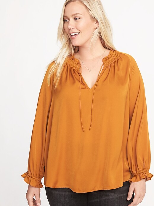 Image number 1 showing, Plus-Size Satin Tie-Neck Top
