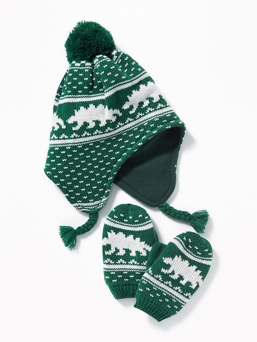 View large product image 1 of 1. Sweater-Knit Trapper Hat & Mittens Set For Toddler Boys
