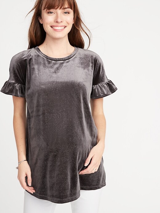 View large product image 1 of 1. Maternity Glitter-Velvet Ruffle-Sleeve Top
