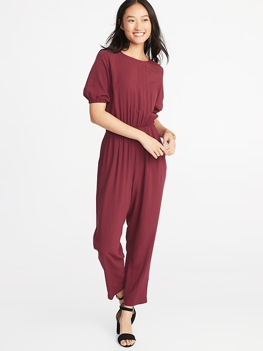 Image number 1 showing, Waist-Defined Balloon-Sleeve Jumpsuit for Women