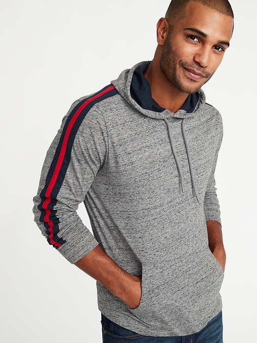 Image number 1 showing, Lightweight Jersey Sleeve-Stripe Pullover Hoodie