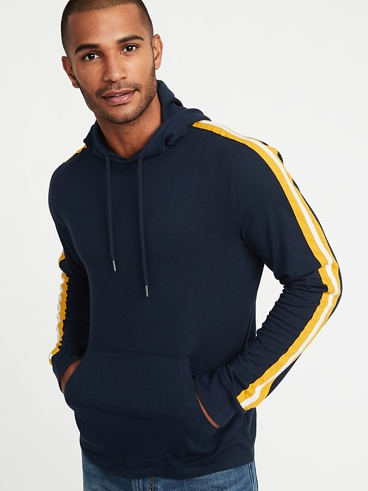 View large product image 1 of 1. Lightweight Jersey Sleeve-Stripe Pullover Hoodie